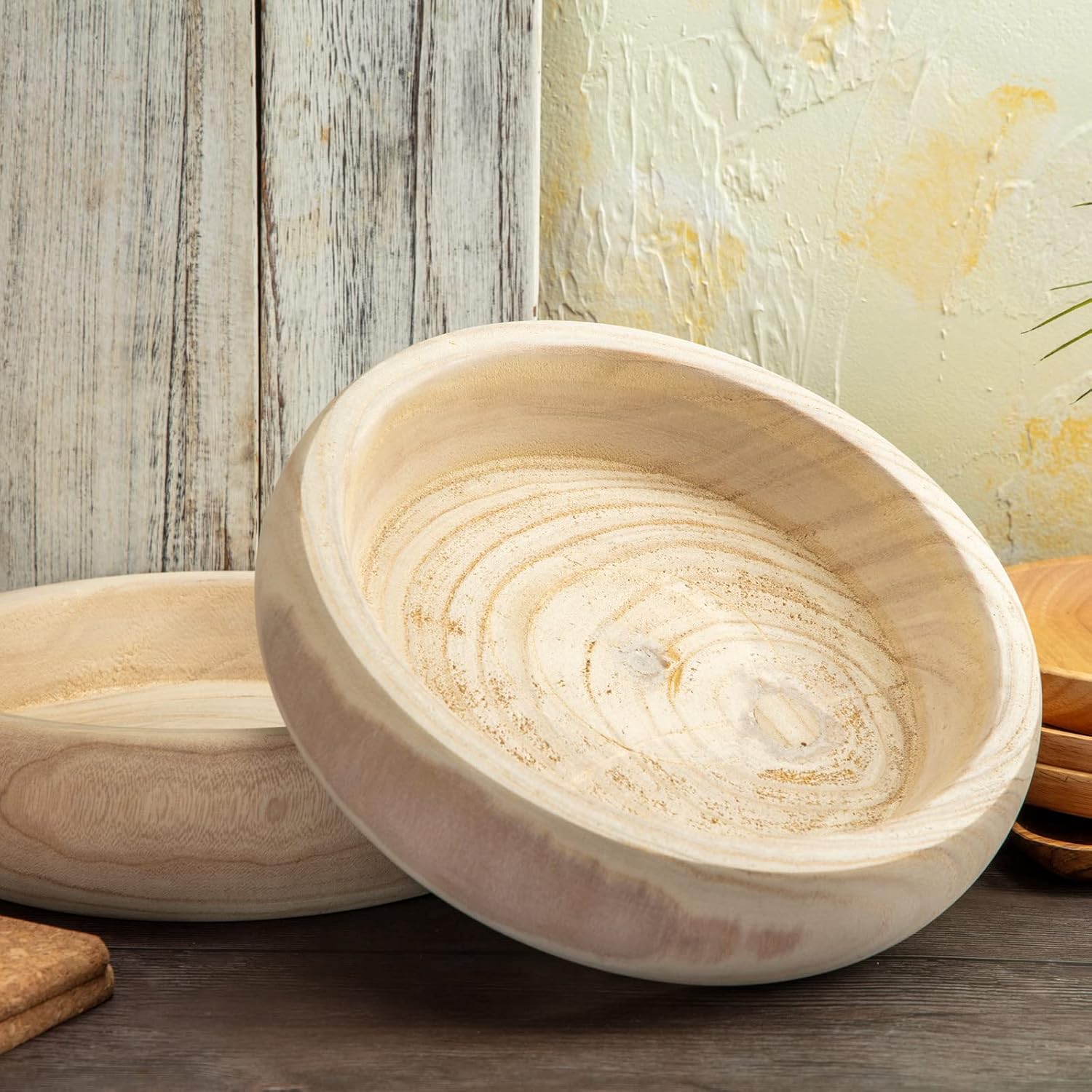 Decorative Wood Bowl Hand Carved Centerpiece Paulownia Round Dough Serving / Natural / 11.4 Inch