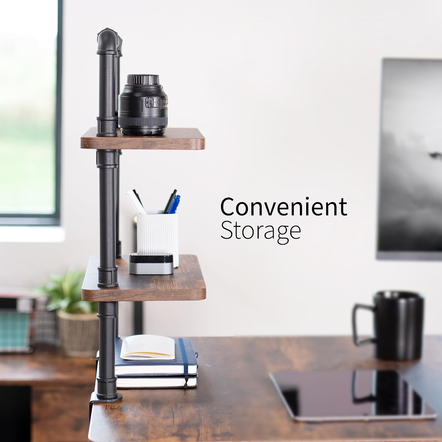 VIVO Clamp-on Premium 16 inch Industrial Pipe 2-Tier Tabletop Shelving, Heavy Duty Desk Extension Organizer, Modern