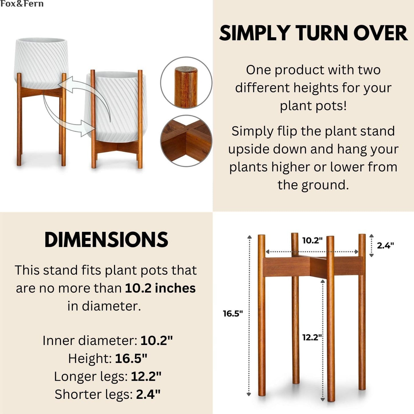 Fox & Fern Mid Century Plant Stands for Indoor Planters, Acacia, 10 Inch | Plug In Design, Holds 175 lbs, Two High
