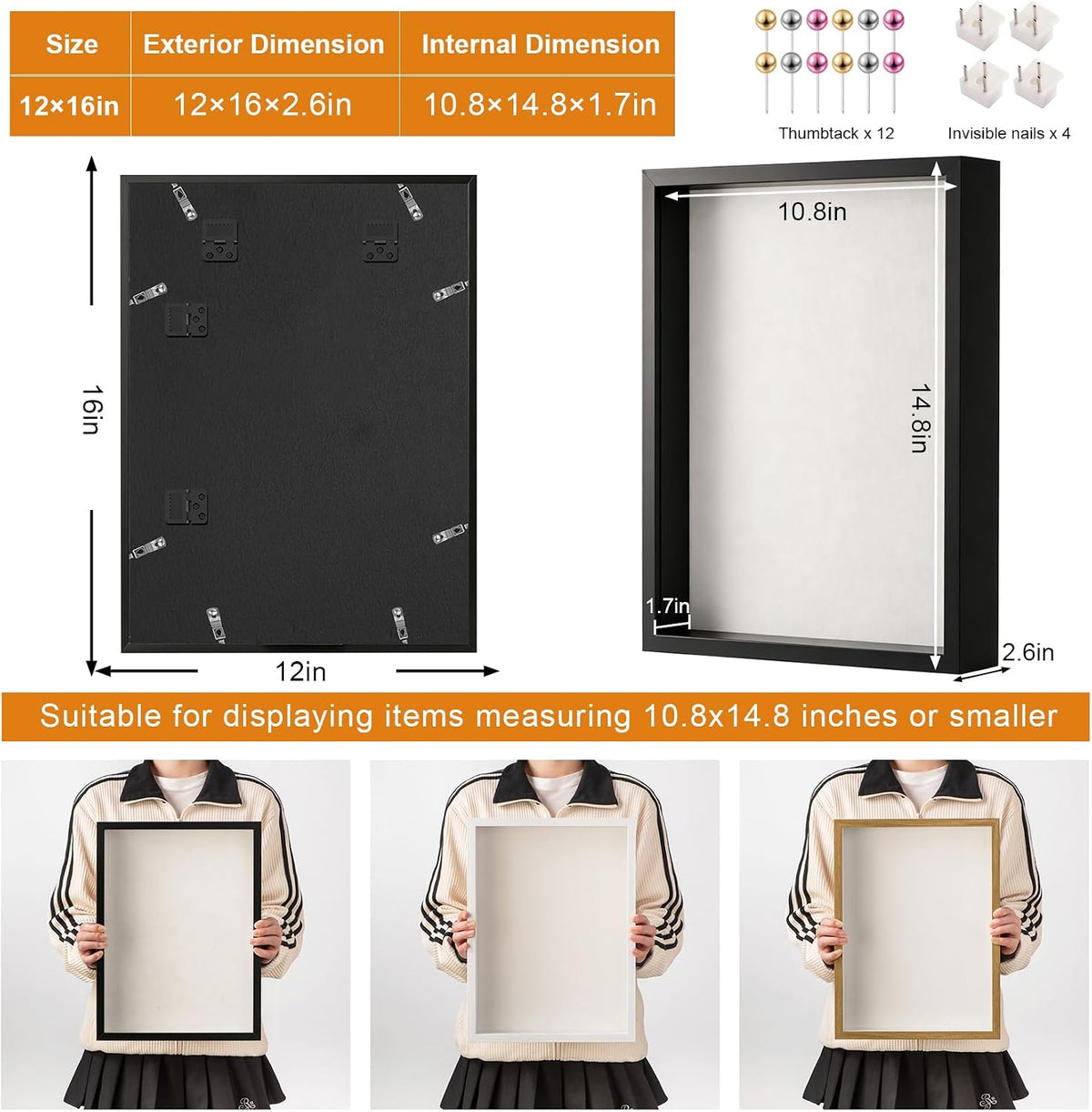 12x16 Large Shadow Box Frame with Thickened Acrylic Panel & Pins | With Push Pins, Deep 1.7" Black Shadow Box Display