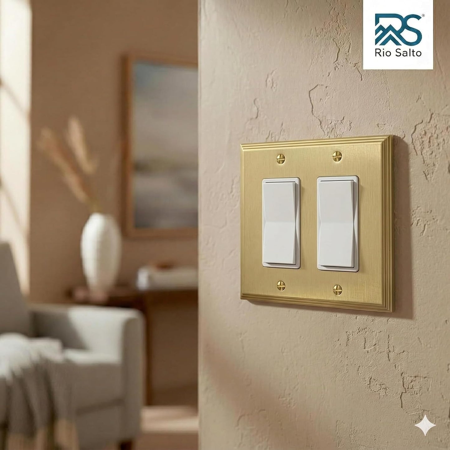 Rio Salto BRASS Deco Collection Double Rocker Outlet Cover Light Switch Plate Wall Plates 4.56" X 4.5", Real Brass