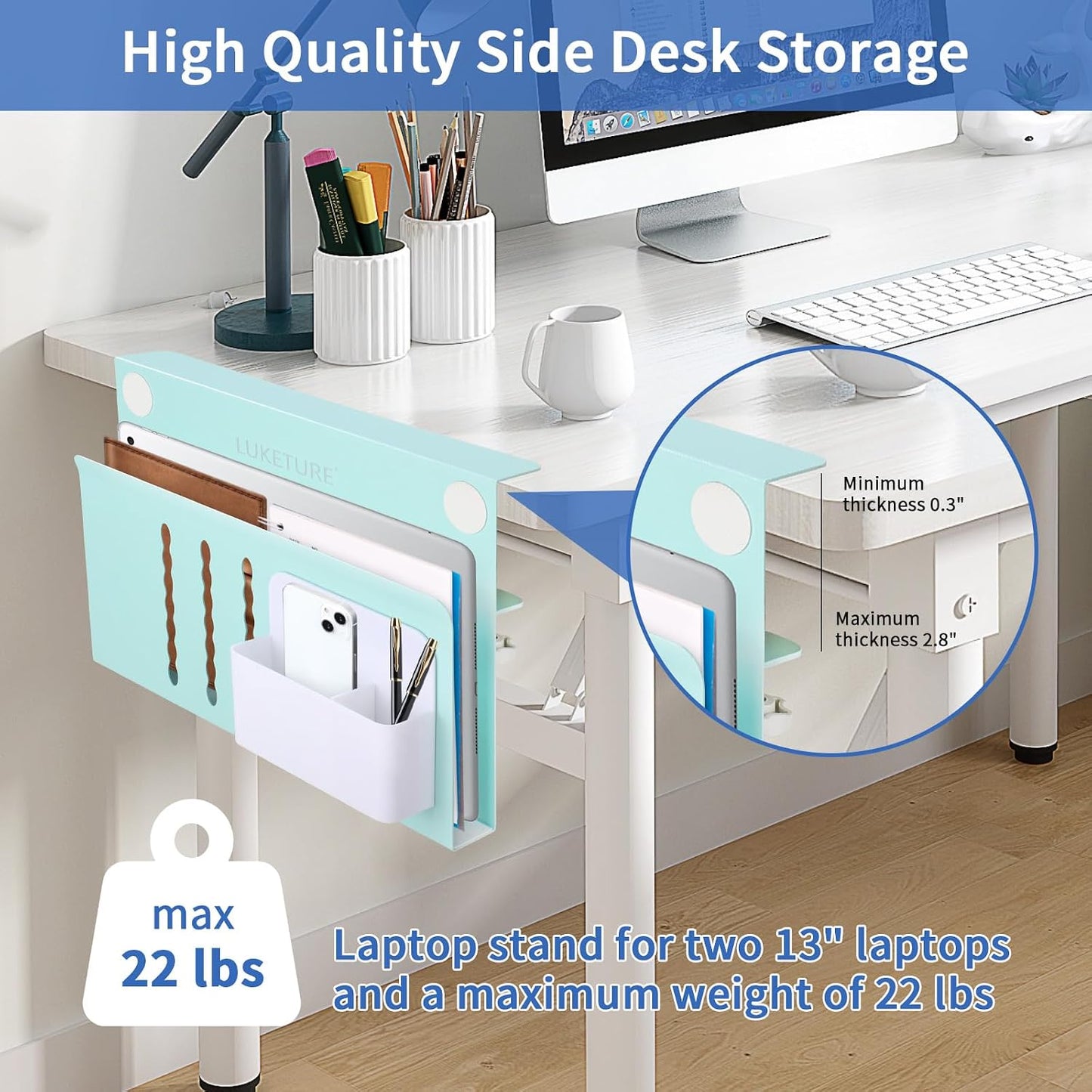 LUKETURE Desk Side Storage Laptop Holder No Drill Clamp On Organizer | Steel Side Desk Organizer, Clamp on Laptop Mount