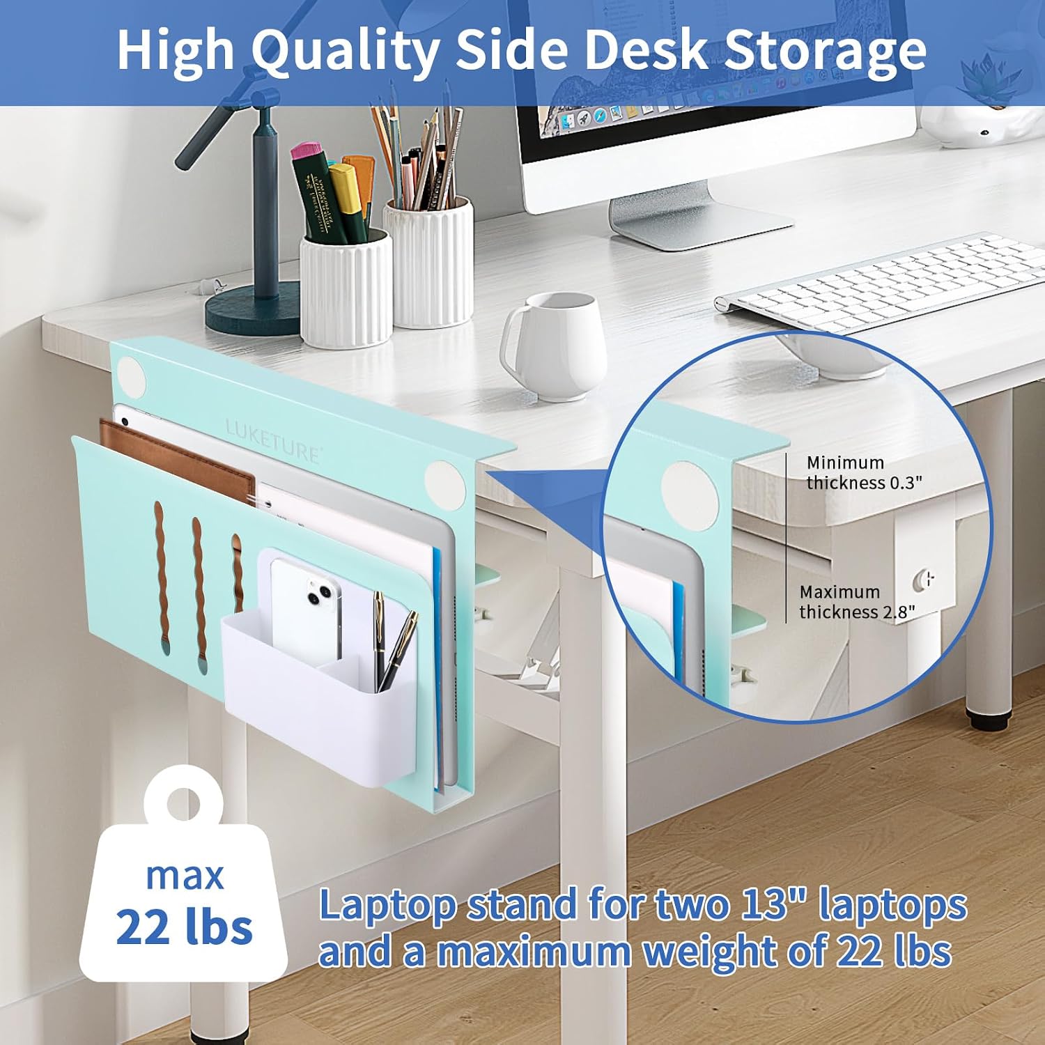 LUKETURE Desk Side Storage Laptop Holder No Drill Clamp On Organizer | Steel Side Desk Organizer, Clamp on Laptop Mount