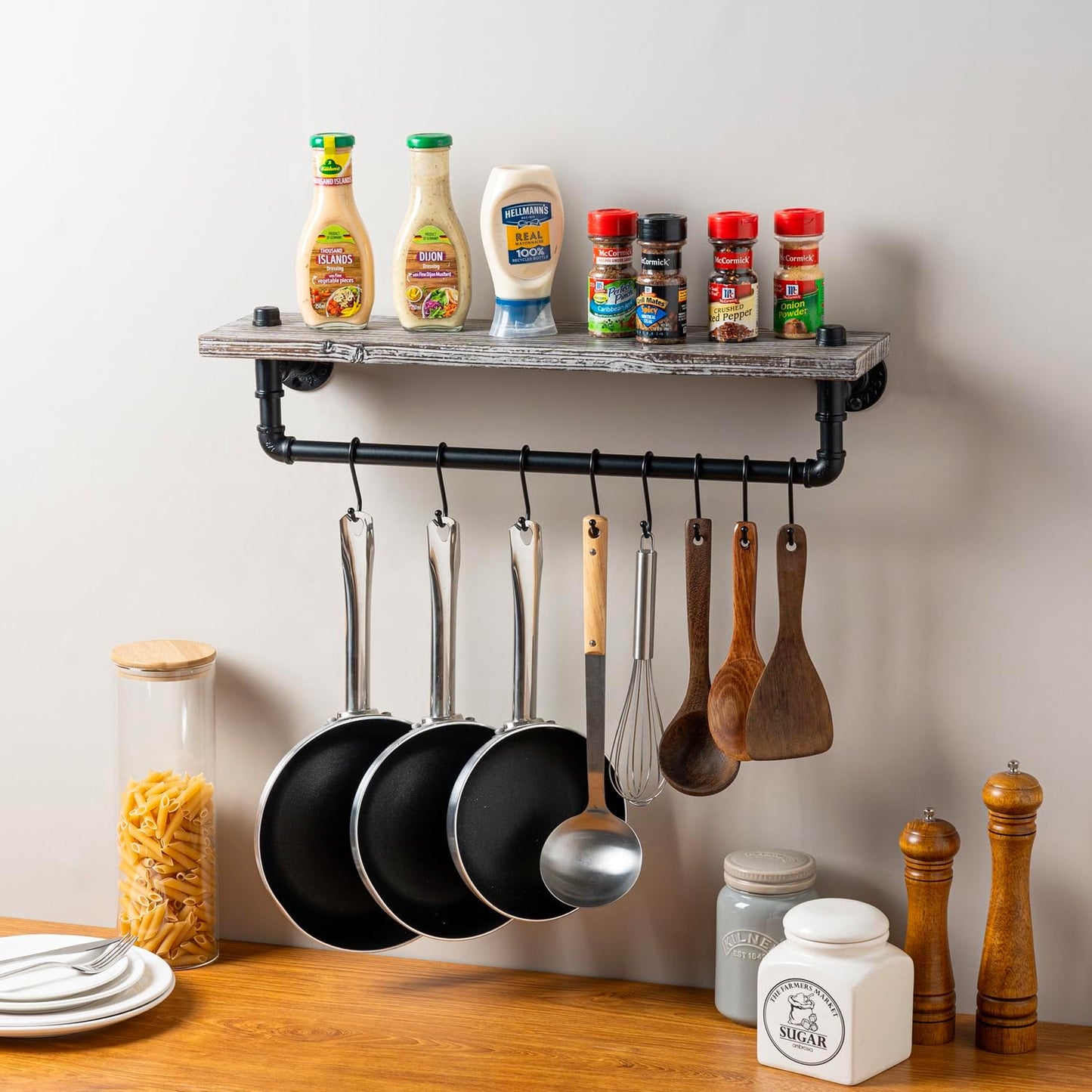 MyGift Wall Mounted Kitchen Pot Rack, Rustic Torched Wood Floating Display Shelf and Industrial Matte Black Metal Pipe