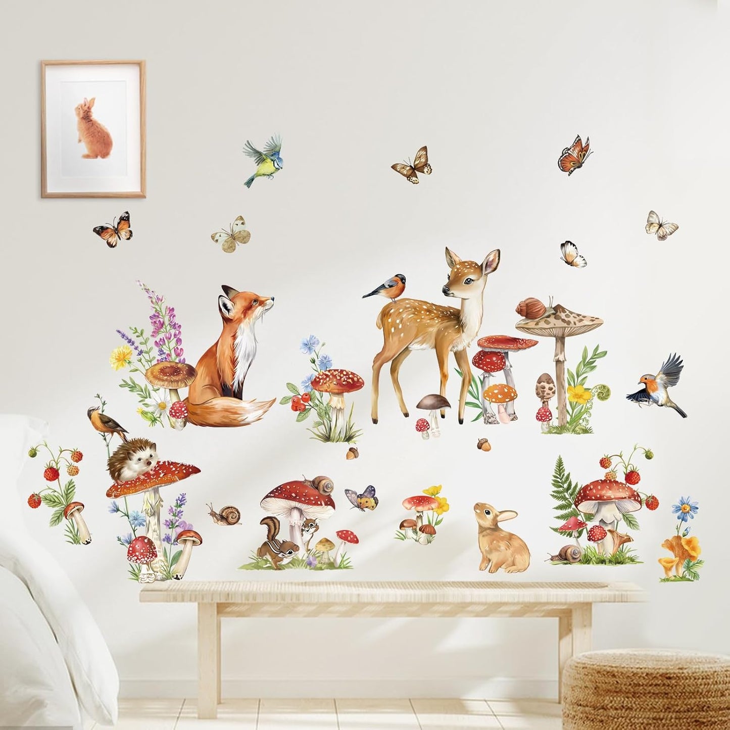 Woodland Animal Wall Stickers Mushroom Deer Fox Peel and Stick Wall Decals for Kids Bedroom Baby