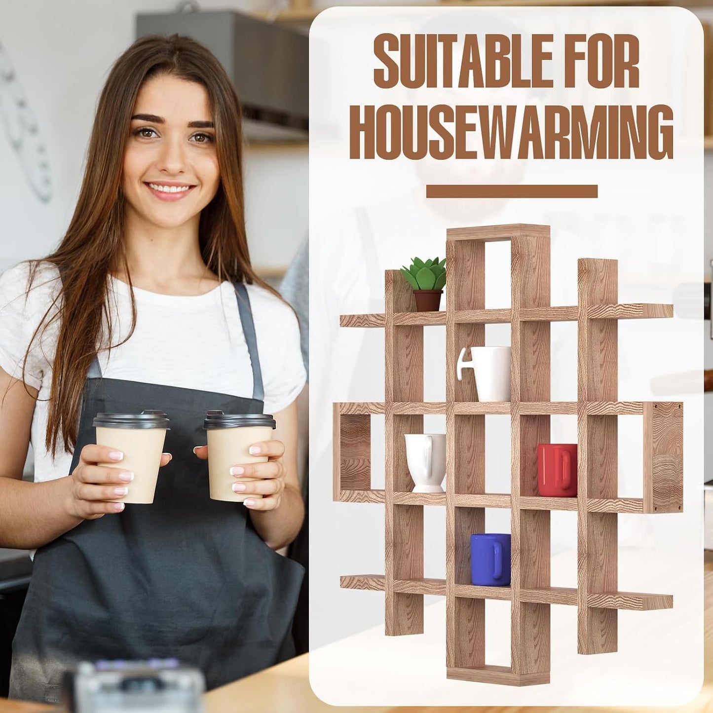 Suzile Mug Display Shelf Wall Mounted,Grid Size 5.1x5.1x3in,Wood Color | Rustic Wood Floating Shadow Box for Coffee