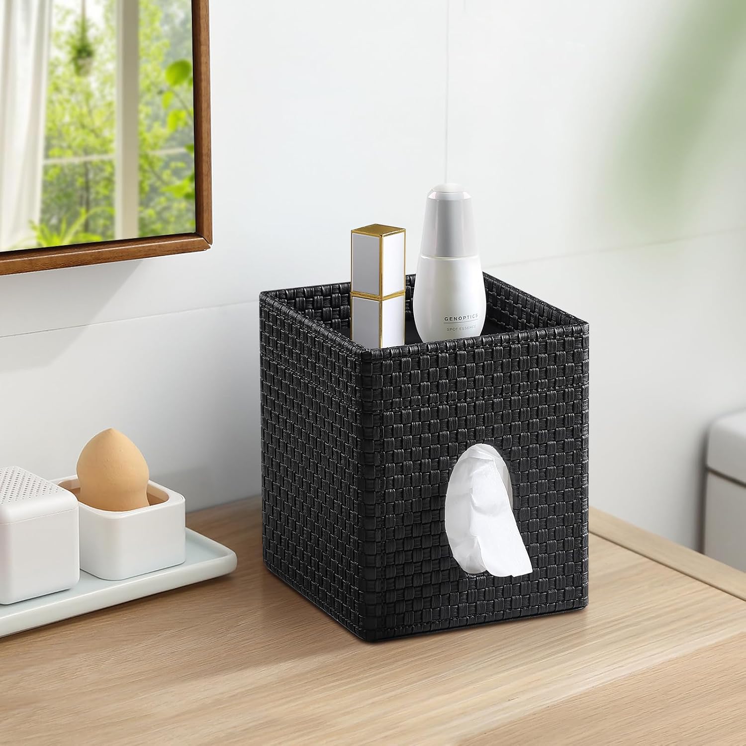 Storage Tray / Square Tissue Box Cover / Black Woven Pattern