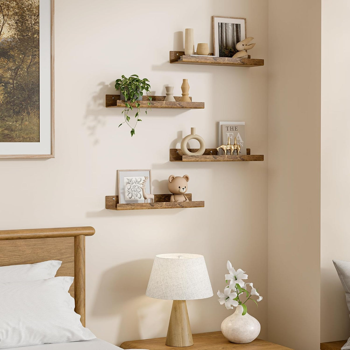 upsimples 4 Pcs 15" Acrylic Shelves for Wall Decor and Display, Rustic Wood | Cute Floating Shelf for Perfume