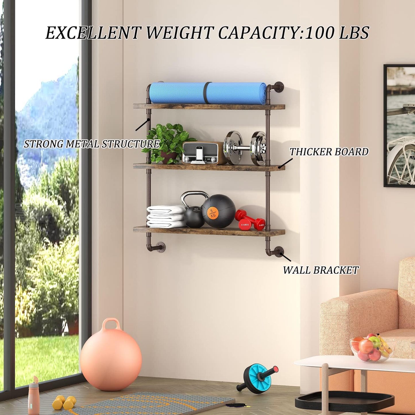 3 Tier Industrial Pipe Shelf Rustic Wood Floating Shelves / 1set / 24inch