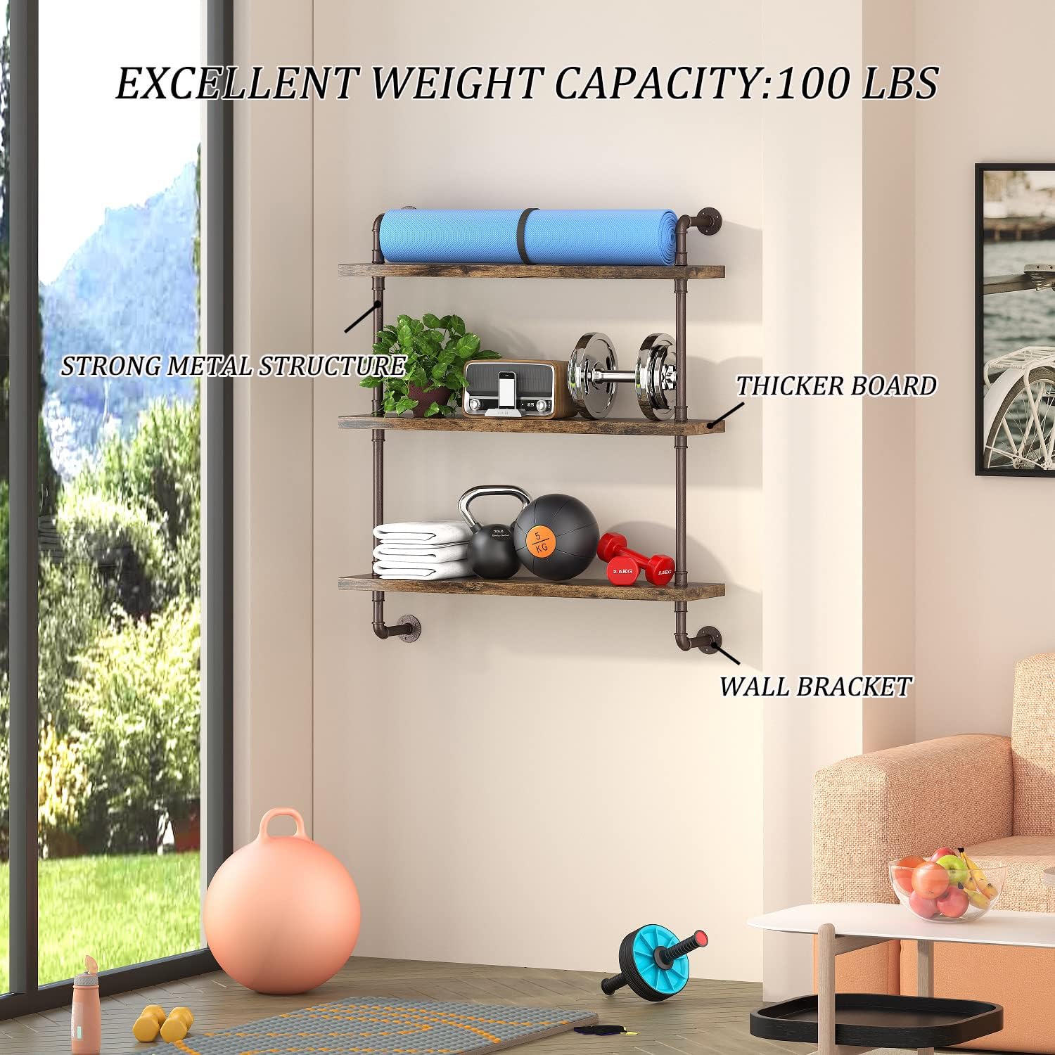 3 Tier Industrial Pipe Shelf Rustic Wood Floating Shelves / 1set / 24inch