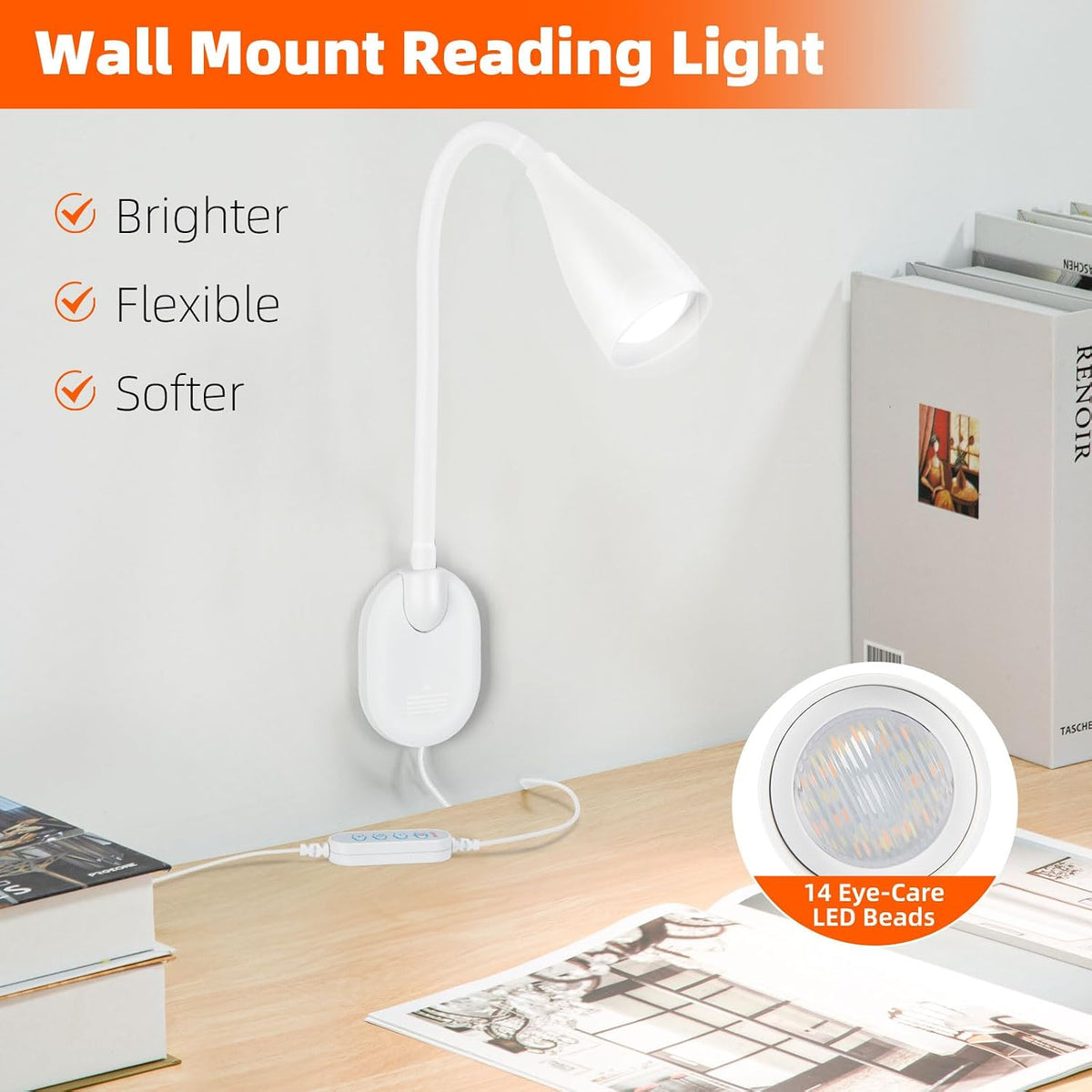 2 Pack LED Wall Mounted Reading Light, 5 Color Modes,10 Brightness Dimmable | USB Charging Port, Memory Timer Adhesive