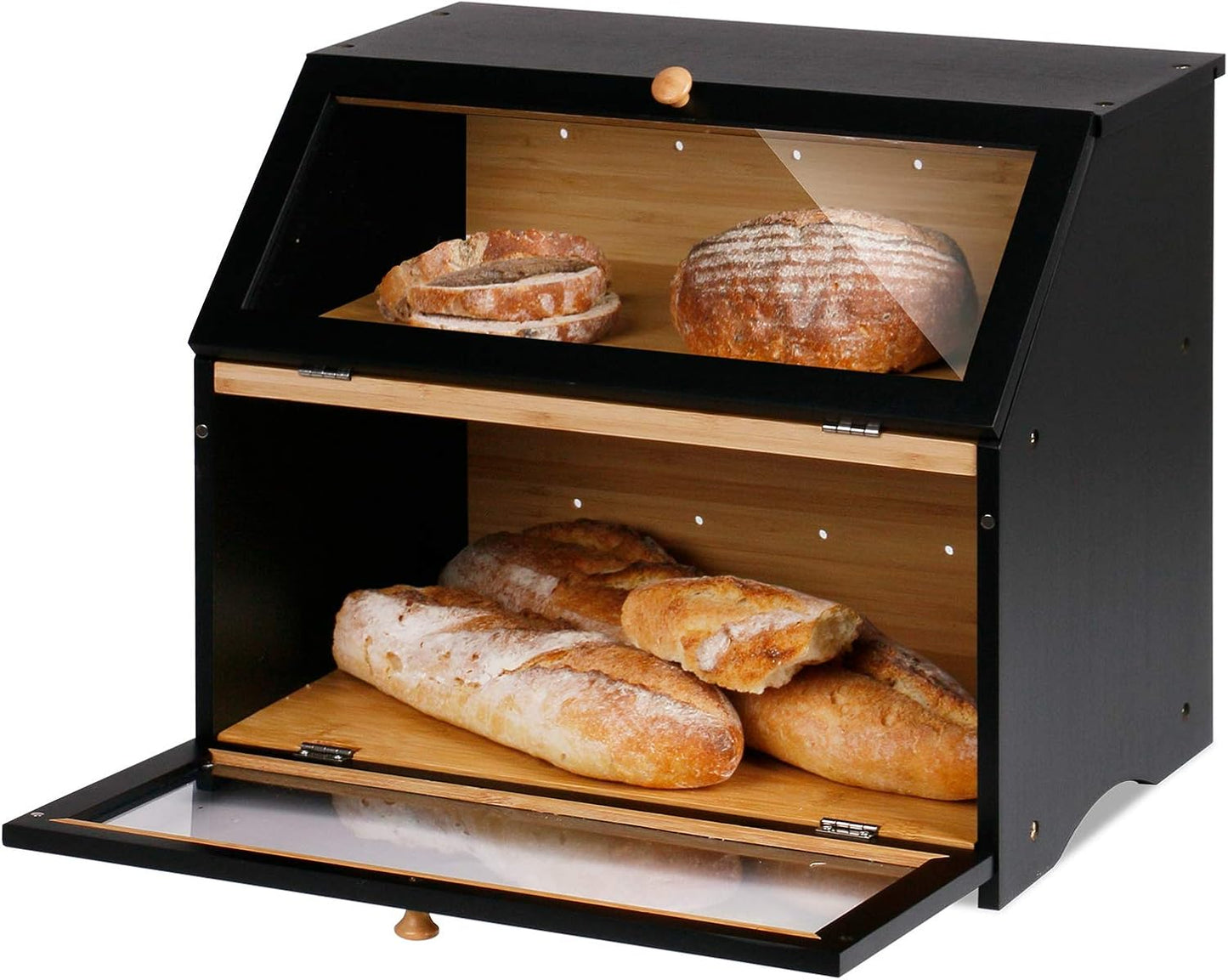 HOMEKOKO Double Layer Wooden Bread Box, Keep Bread Fresh Longer, Black | Keeps Bread Fresh 3-4 Days, Large Capacity