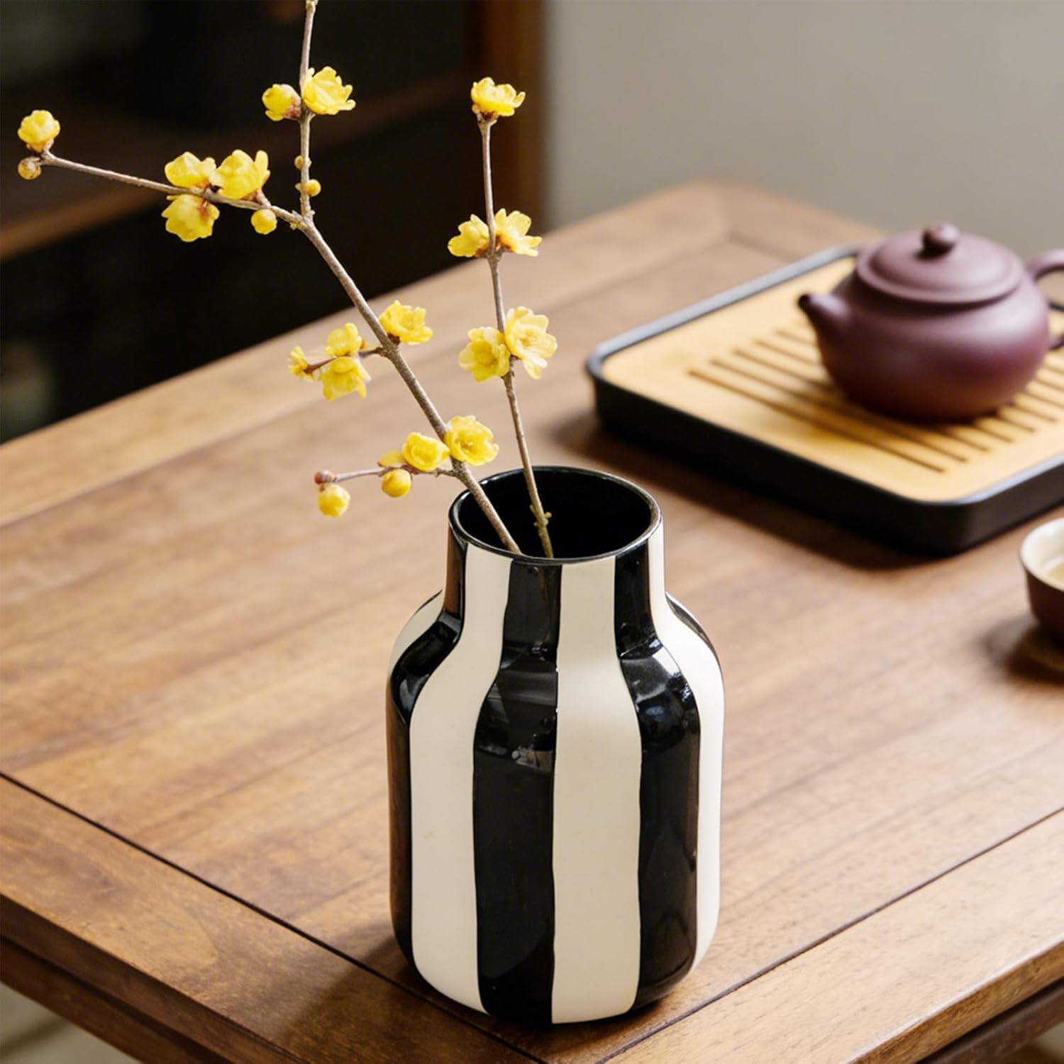 White Striped Ceramic Vase / Black