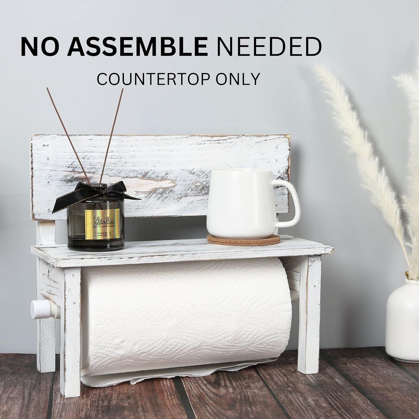 Farmhouse Paper Towel Holder for Kitchen Countertop with Shelf,Rustic Decorative Bench Paper Towel Dispenser