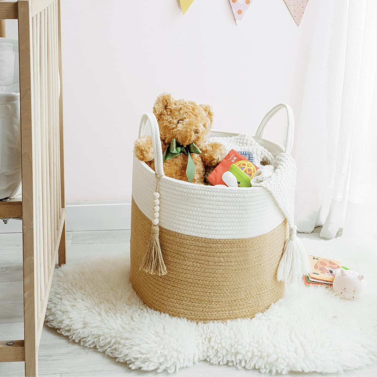 Woven Storage Basket Decorative Natural Rope Basket Wooden / Cream White and Brown / 16" W x 13.8"L