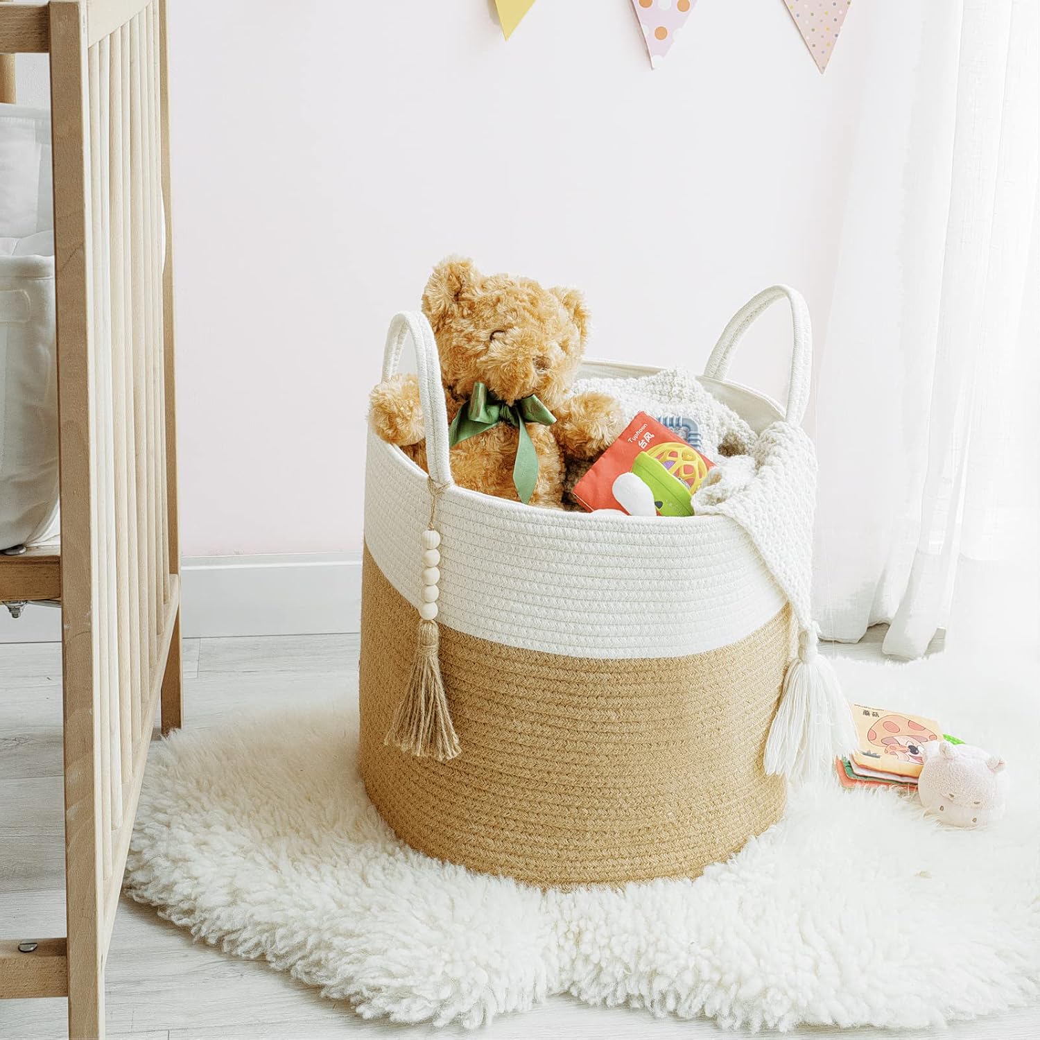 Woven Storage Basket Decorative Natural Rope Basket Wooden / Cream White and Brown / 16" W x 13.8"L