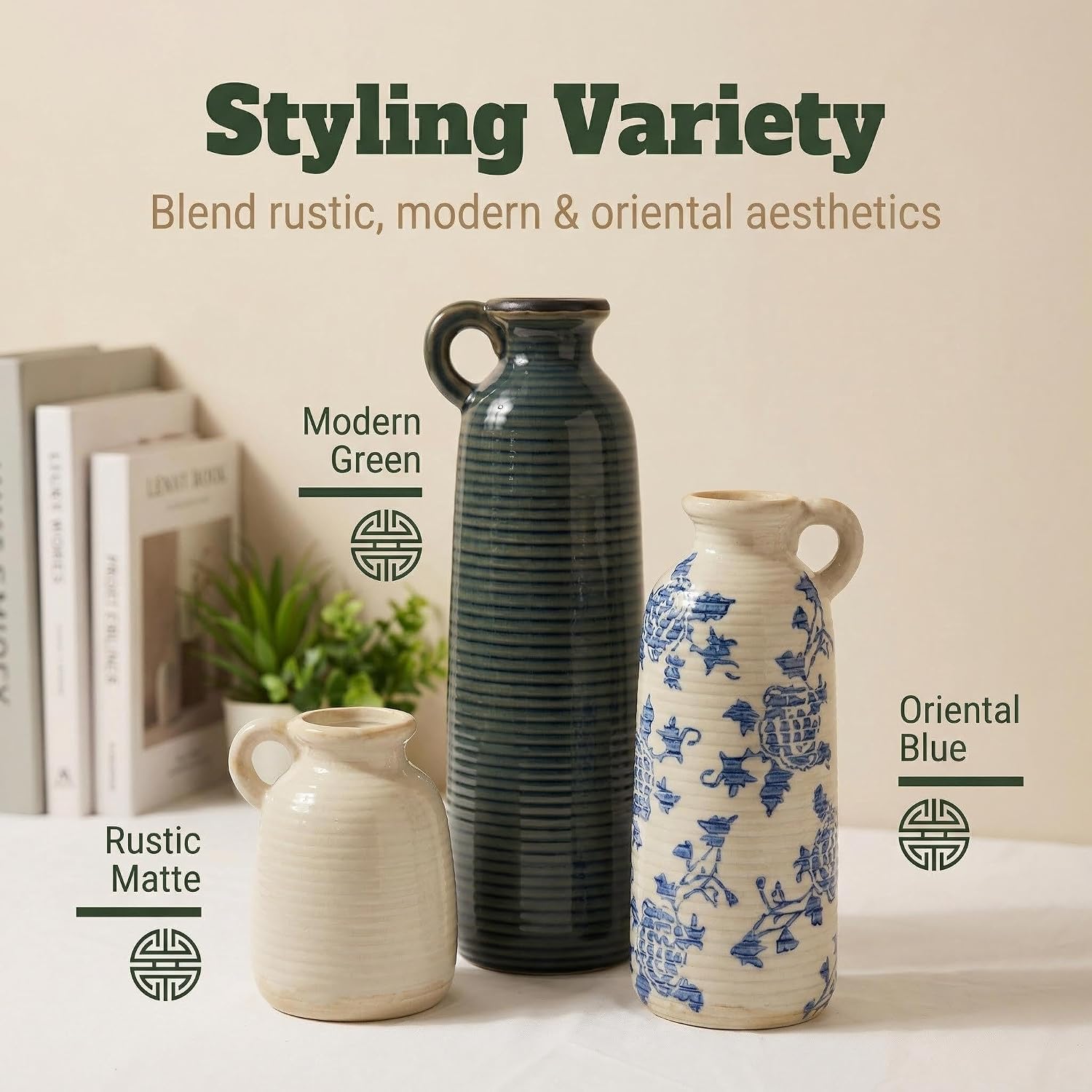 Ceramic Vase / Blue White Neutral Rustic Modern Farmhouse Boho Decor / Handle-blue White / Set of 3