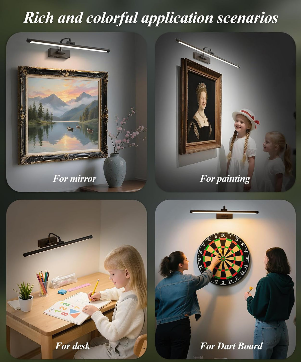 24" Battery Operated Picture Light for Wall,Remote Control | 5000mAh Wireless Dimmable Black Rechargeable Wall Art