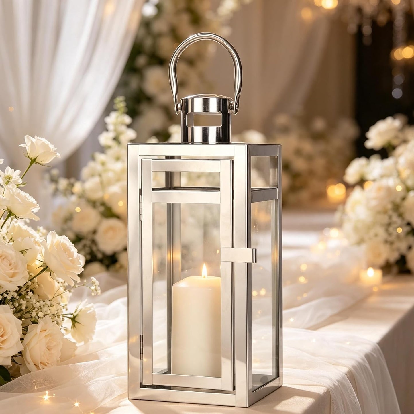 TRIROCKS Stainless Steel Decorative Lantern 12'' High Metal Hanging Lantern with Tempered Glass Perfect for Home Decor