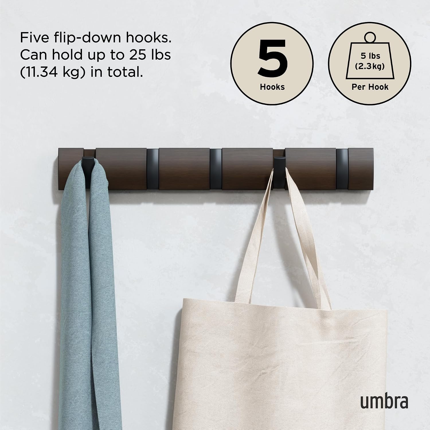 Umbra Flip Coat Rack, Wall Mounted 5-Hook Space Saving, Walnut/Black | Real wood and steel build, retractable hooks