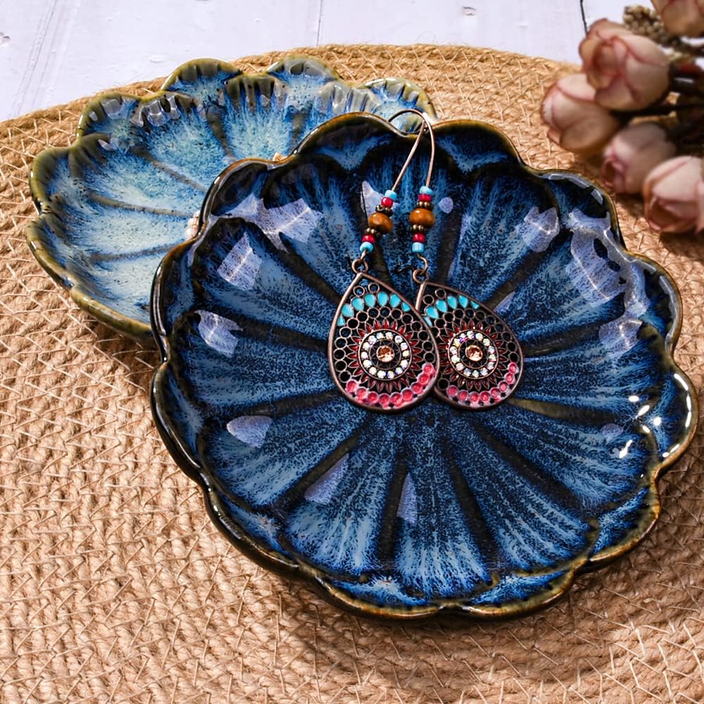 Ceramic and Green Flower Jewelry Tray / Blue / Set of 2
