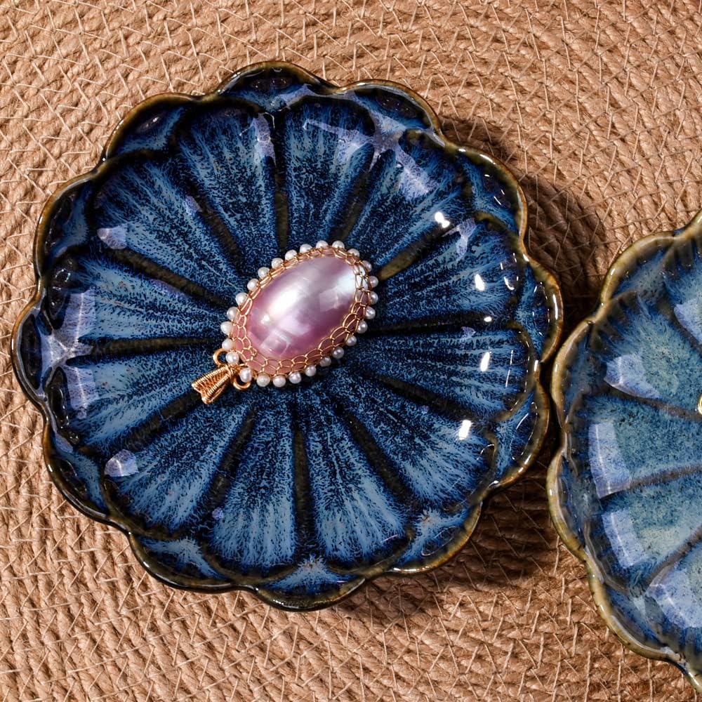Ceramic and Green Flower Jewelry Tray / Blue / Set of 2
