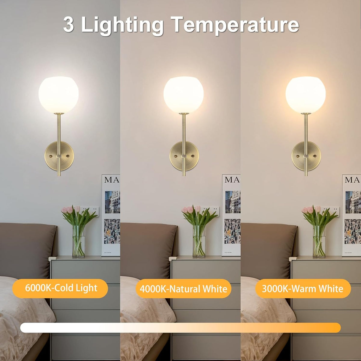 Brass Battery Operated Wall Sconces Set of 2, Rechargeable Wireless Wall Lights with Milky White Frosted Glass, 12 RGB