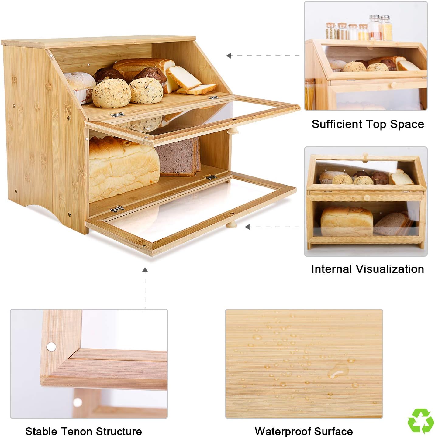 HOMEKOKO Double Layer Bread Box for Kitchen Countertop, Natural Bamboo | Keeps Bread Fresh 3-4 Days, Large Capacity