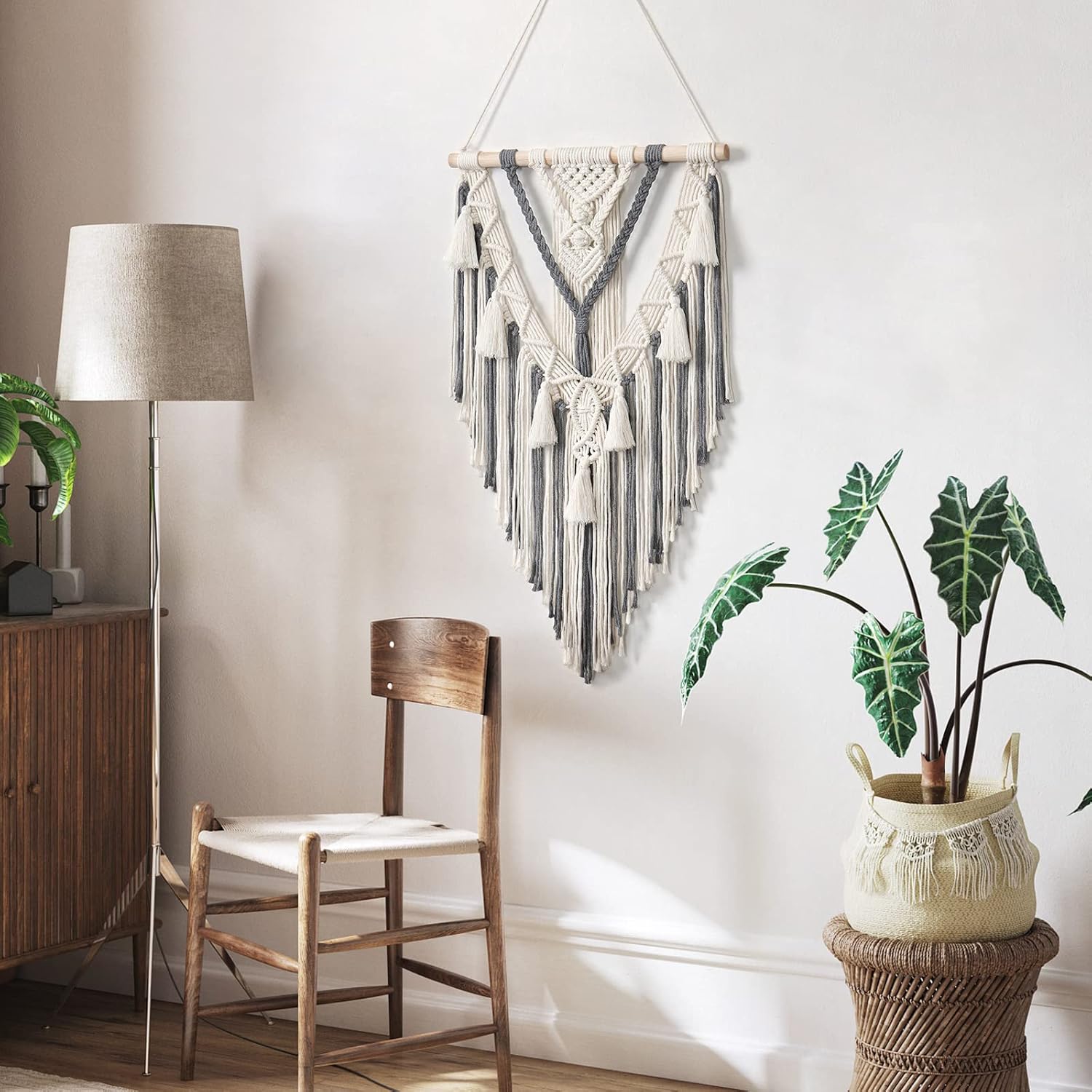 Macrame Woven Wall Hanging Boho Geometric Woven Tapestry Beige & Cotton Handmade Bohemian Art / Grey