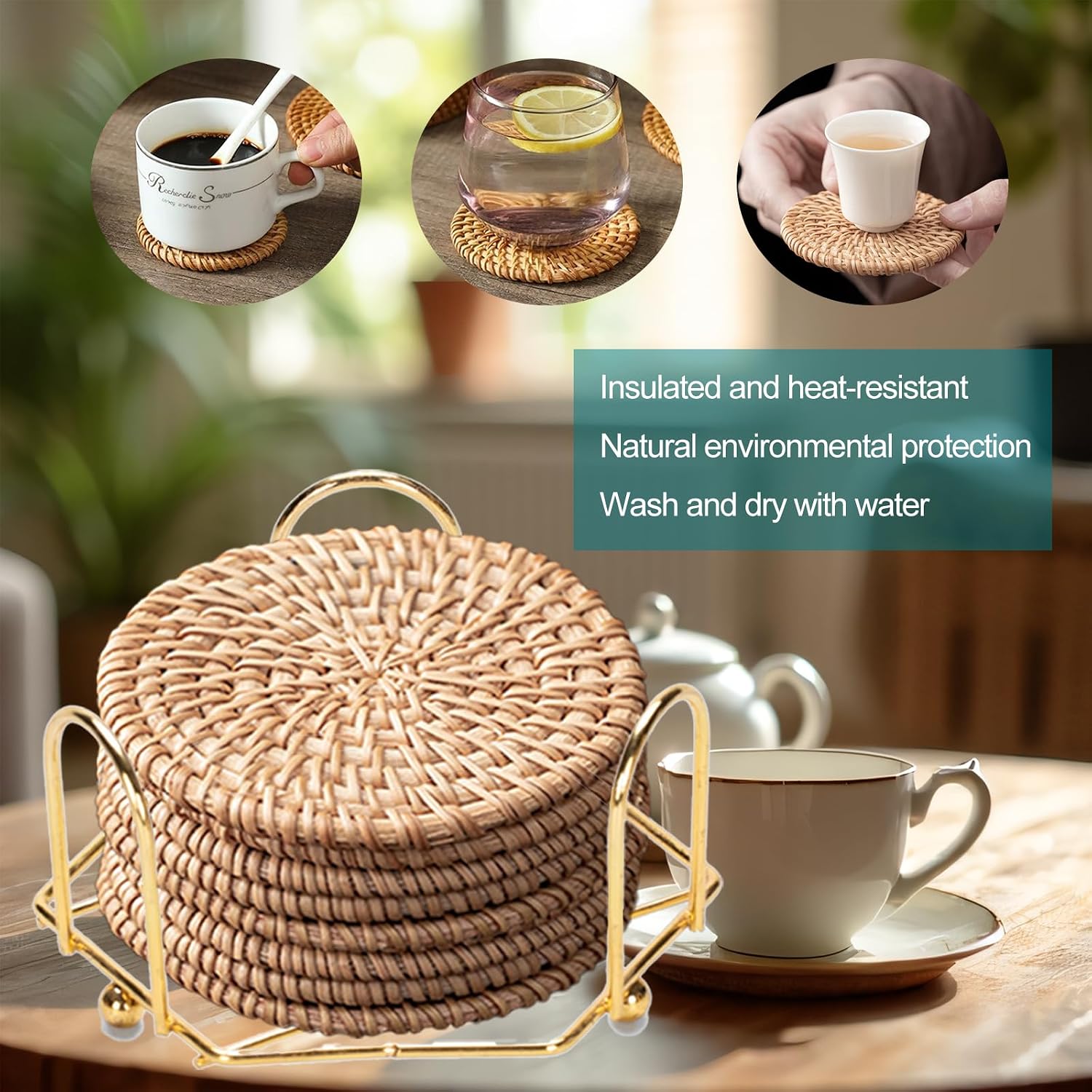 Holder / Boho Woven Coasters Set / Natural Beige Single Rattan Weave / Set of 8