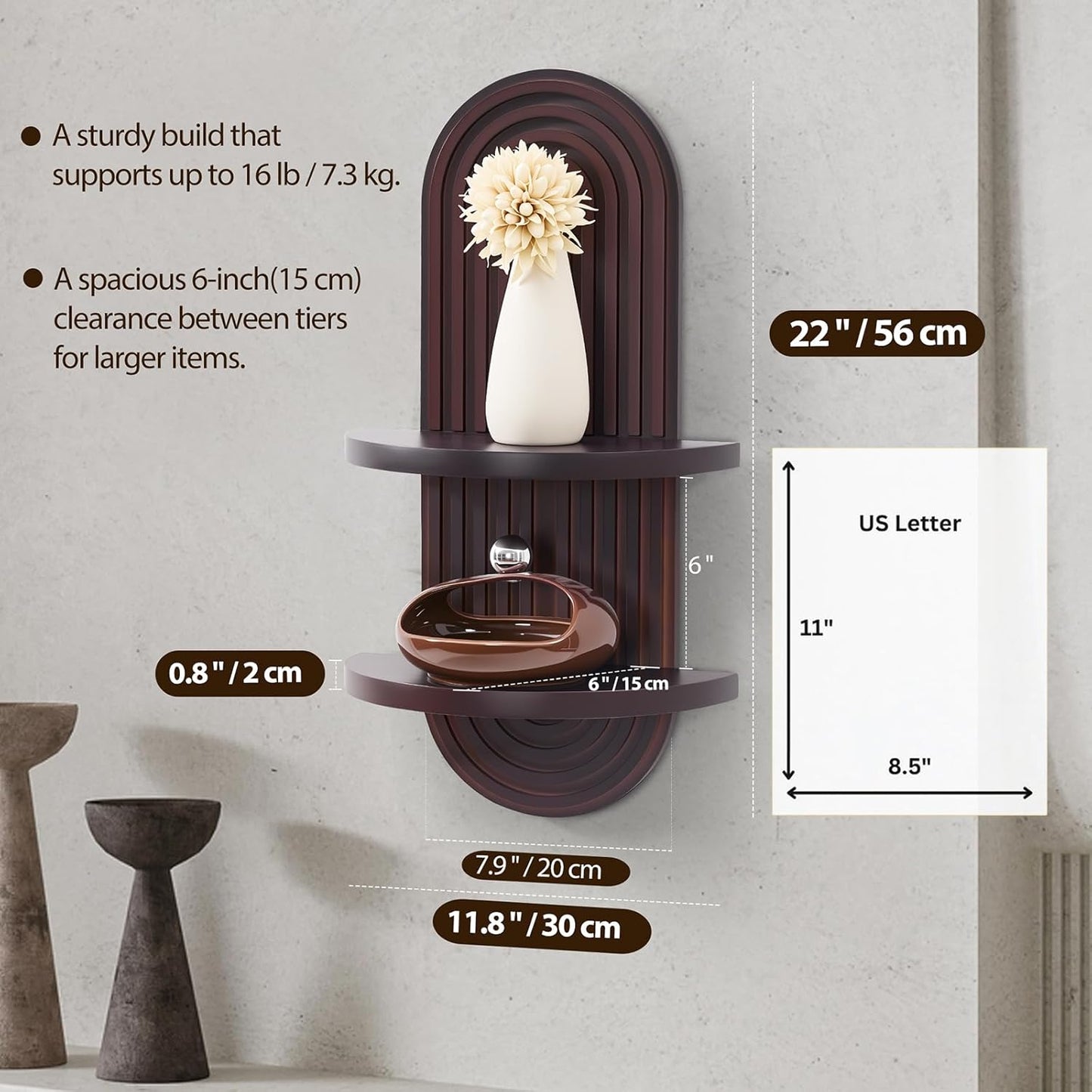 Arched Wood Design Mid-Century Rainbow Decor Floating Shelves / 22 x 11.8 / Dark Brown