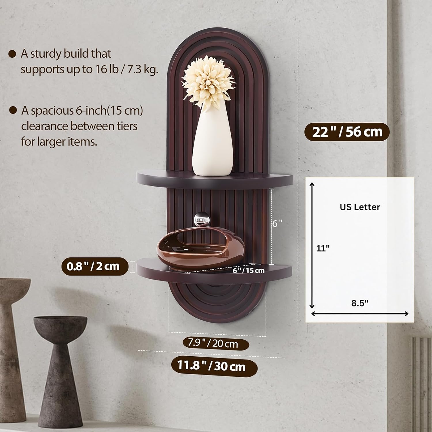 Arched Wood Design Mid-Century Rainbow Decor Floating Shelves / 22 x 11.8 / Dark Brown