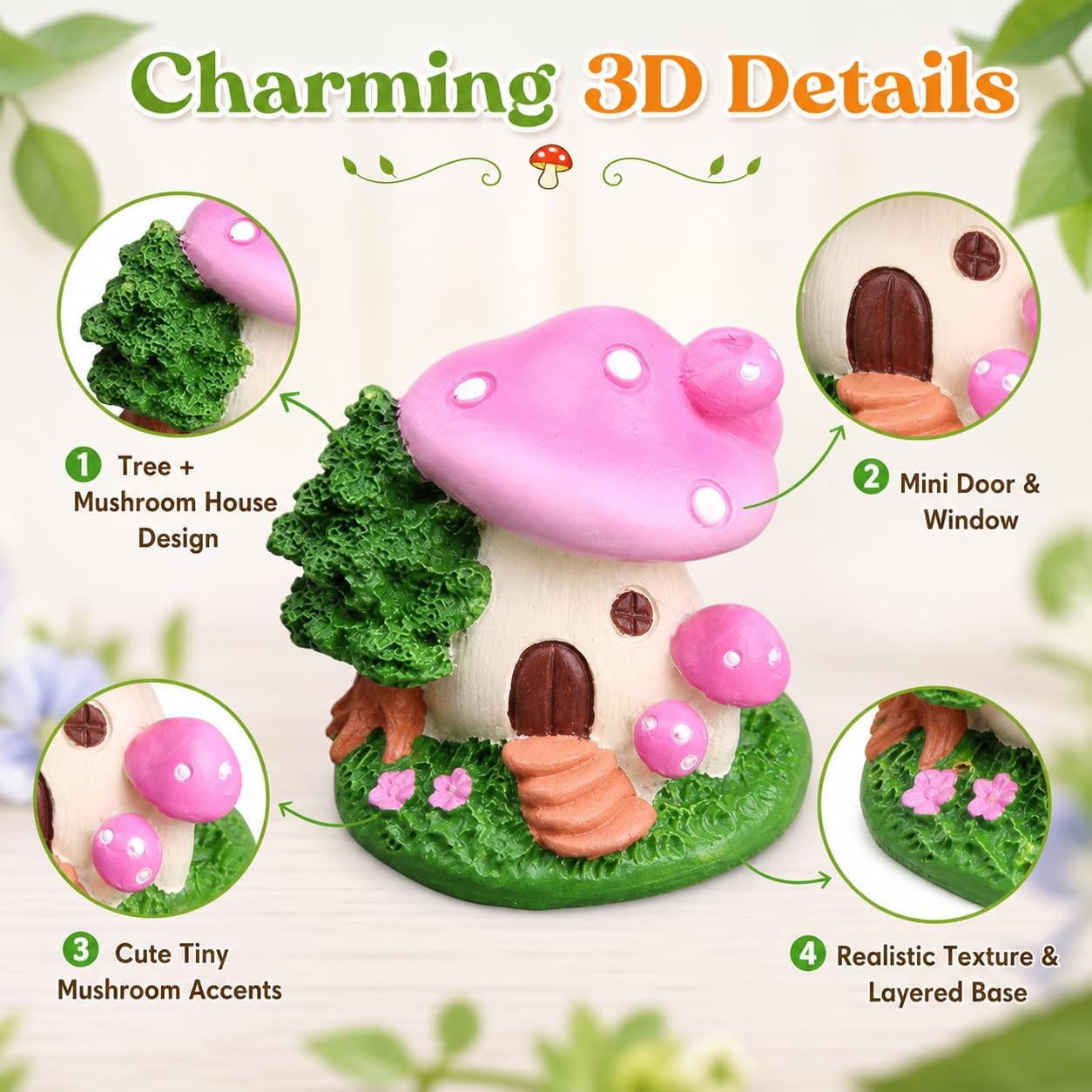 Garden Statues / Mushroom House Outdoor Garden Statues / Set of 4