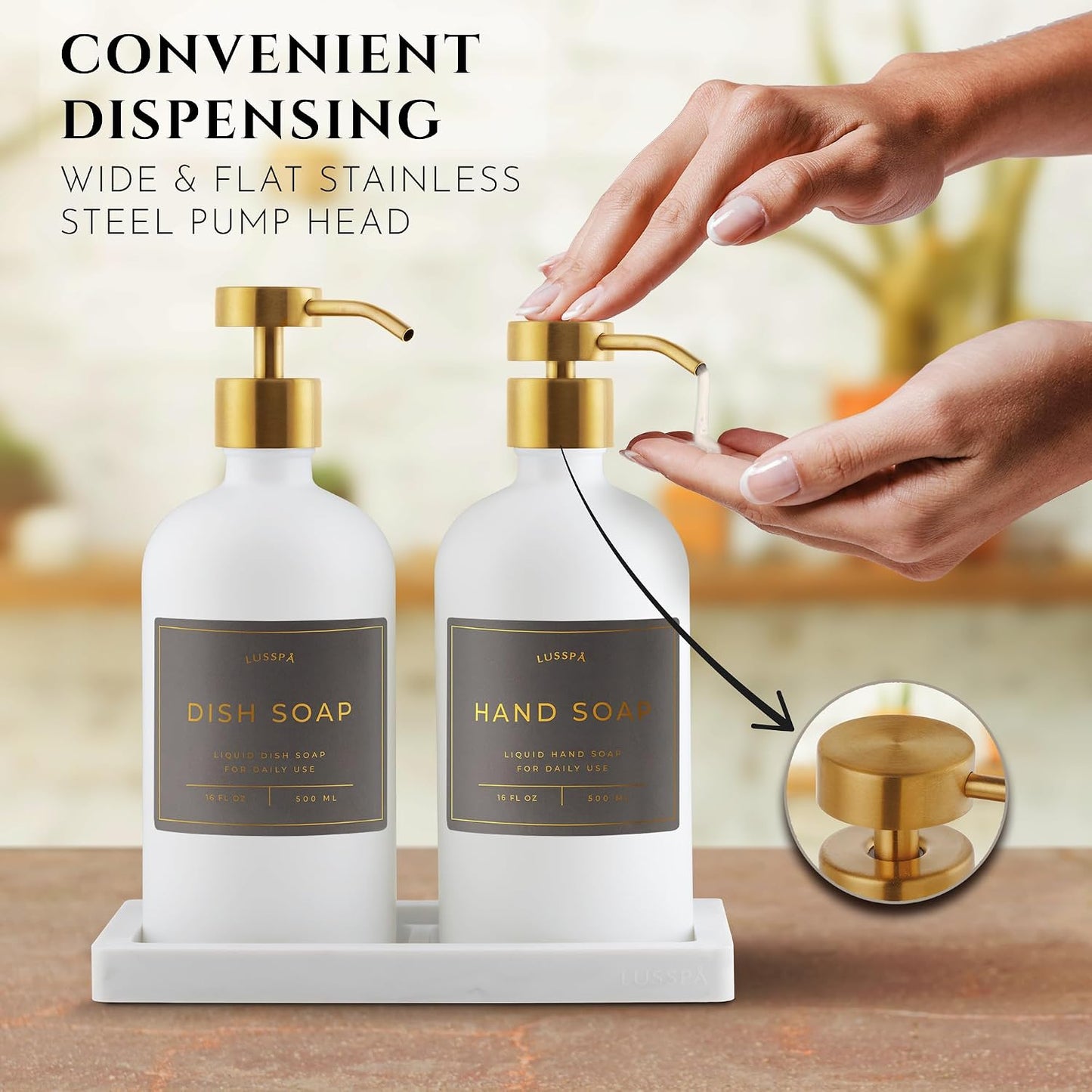 Glass Soap Dispenser Set of 2 (White) with Silicone Tray | Hand and Dish Soap Dispenser for Kitchen and Bathroom | 16.8