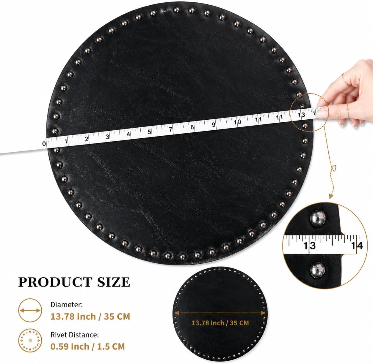 FAVE Black Faux Leather Placemats 13.78 Inches Round Placemat Set of 4 | Heat Resistant Place Mats with Rivets Placemat