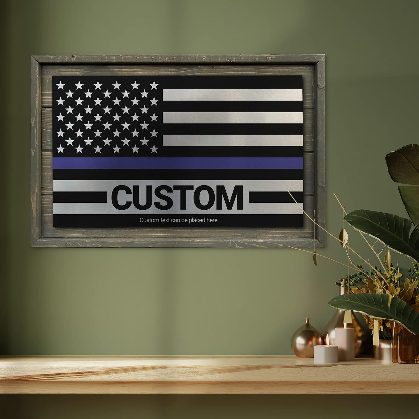 CUSTOM Rustic Thin Blue Line American Flag Made of Wood and Metal For Law / Blue Line Custom