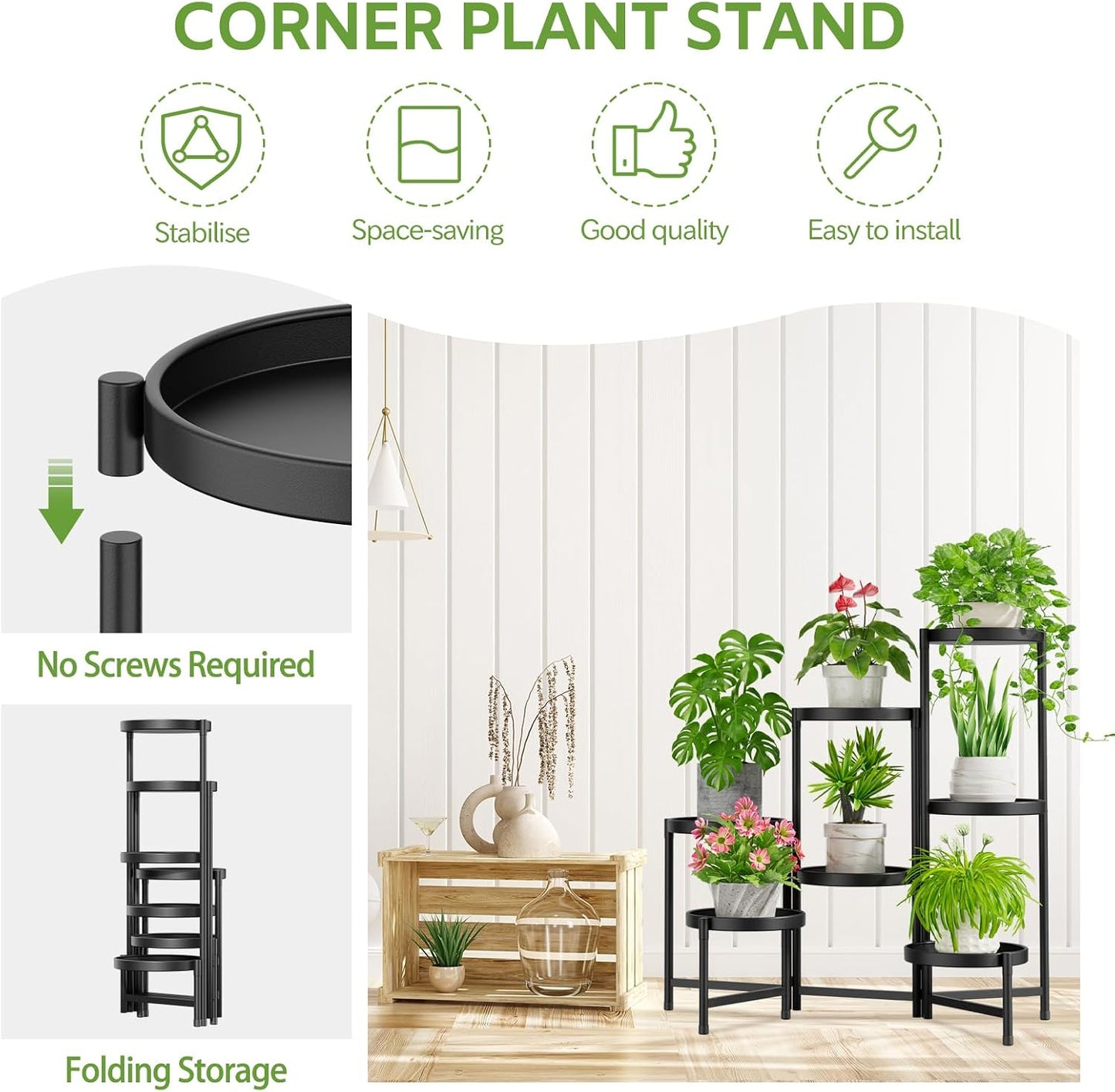 iDavosic.ly 7 Tier Large Plant Stand Indoor Outdoor, 10 In Wide Tray, Black | Tiered Metal Corner Heavy Duty Multiple