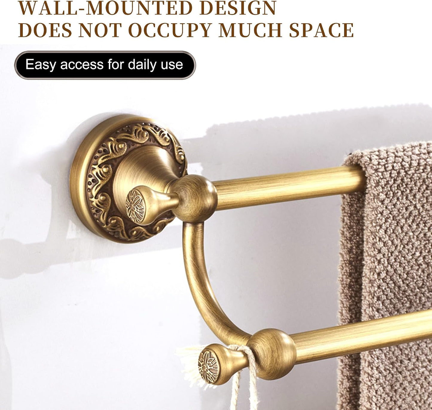 Wall Mounted Bathroom Double Towel Rack, Towel Bar Adjustable 15.5 to 27.5 Inch Antique Brass Pattern Carving,Brushed