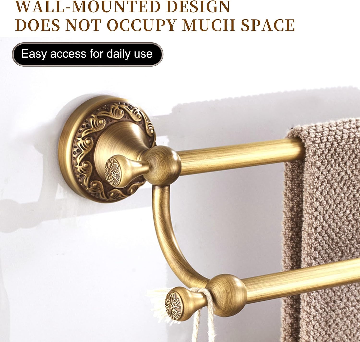 Wall Mounted Bathroom Double Towel Rack, Towel Bar Adjustable 15.5 to 27.5 Inch Antique Brass Pattern Carving,Brushed