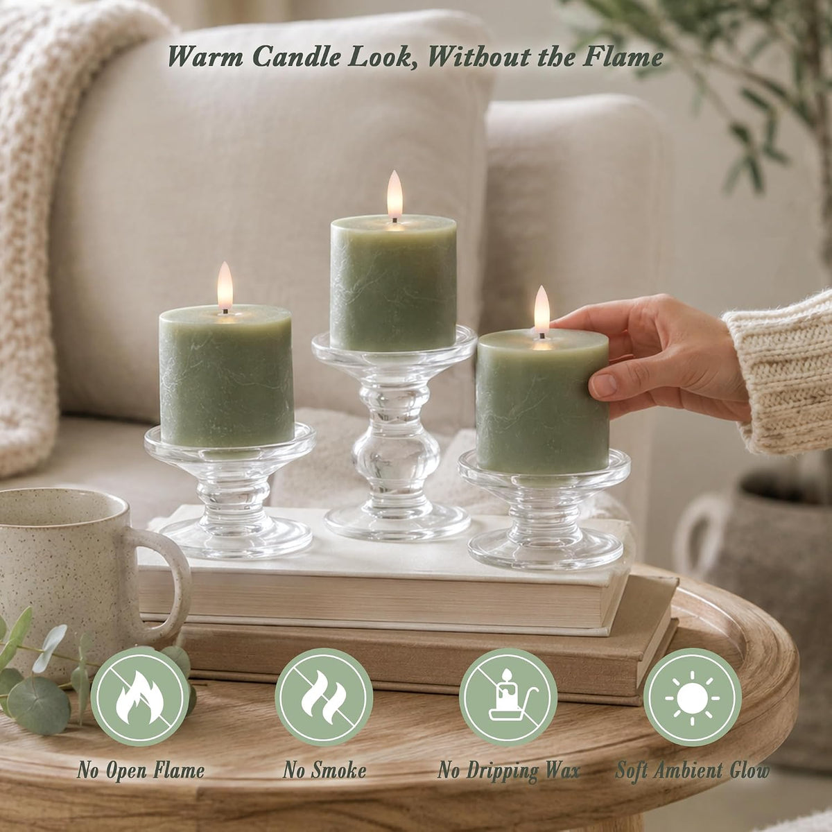Olive Green Flameless Pillar Candles, 3 x 3 Inch, 3 Pack with Remote | Battery operated candles with remote and timer
