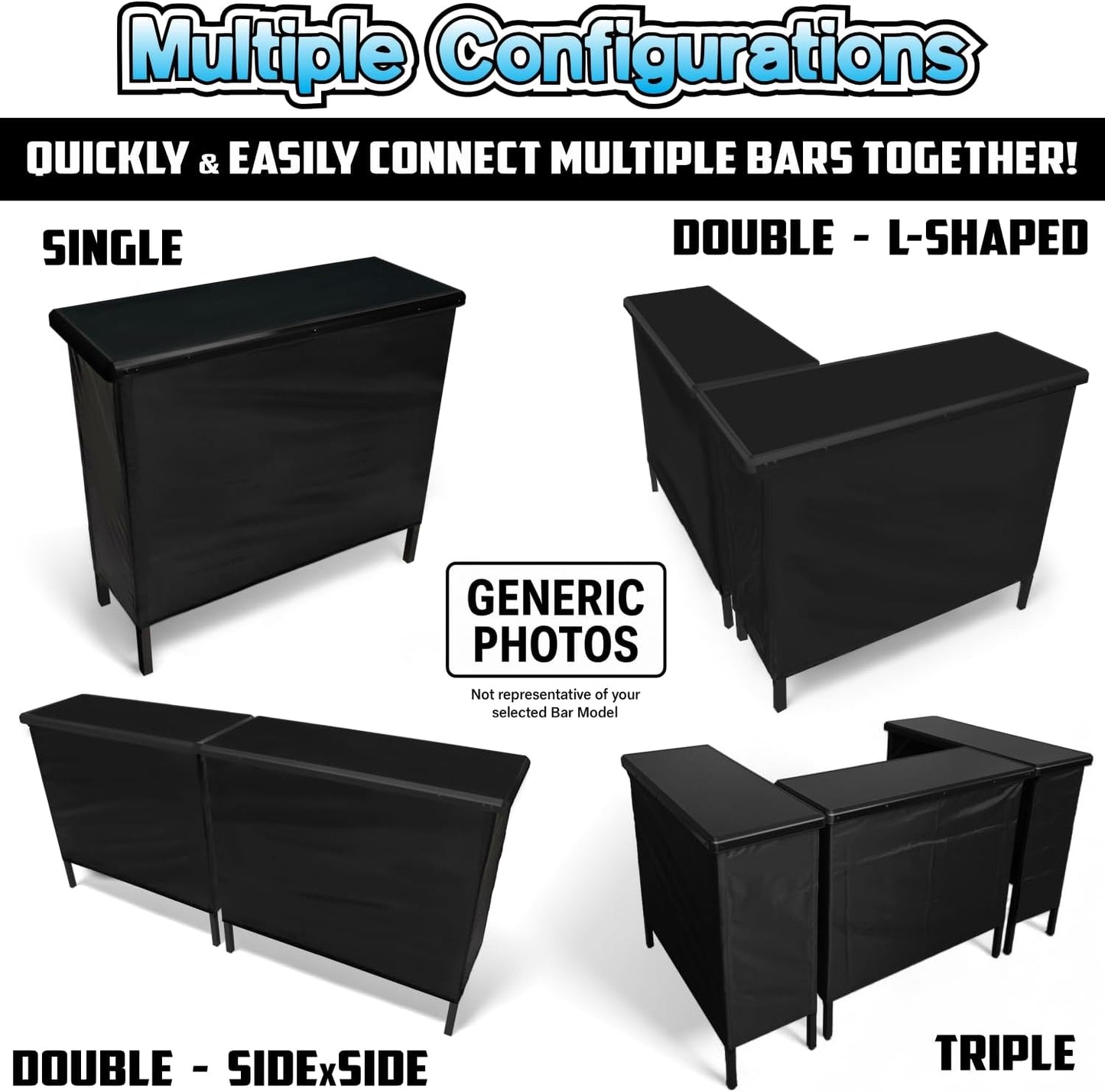 PartyLife NEW & Improved Portable Bar Table w/LED Lights, Folding Steel Legs, 2 Bar Skirts, Supportive Storage Shelf &