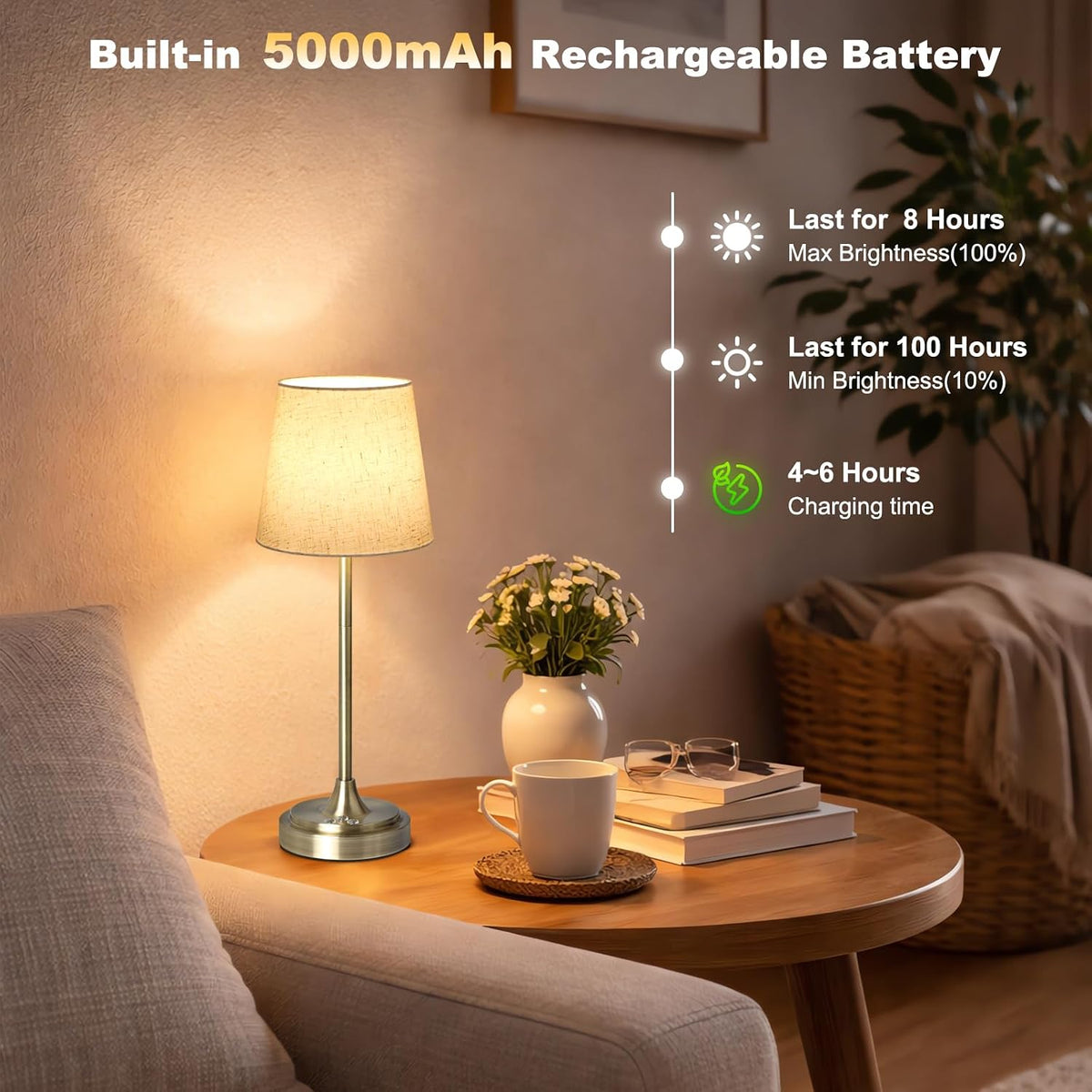 Wowag Cordless Table Lamp Rechargeable,5000mAh Battery Operated Desk Lamp,3 Colors & 7 RGB Stepless Dimmable,Touch