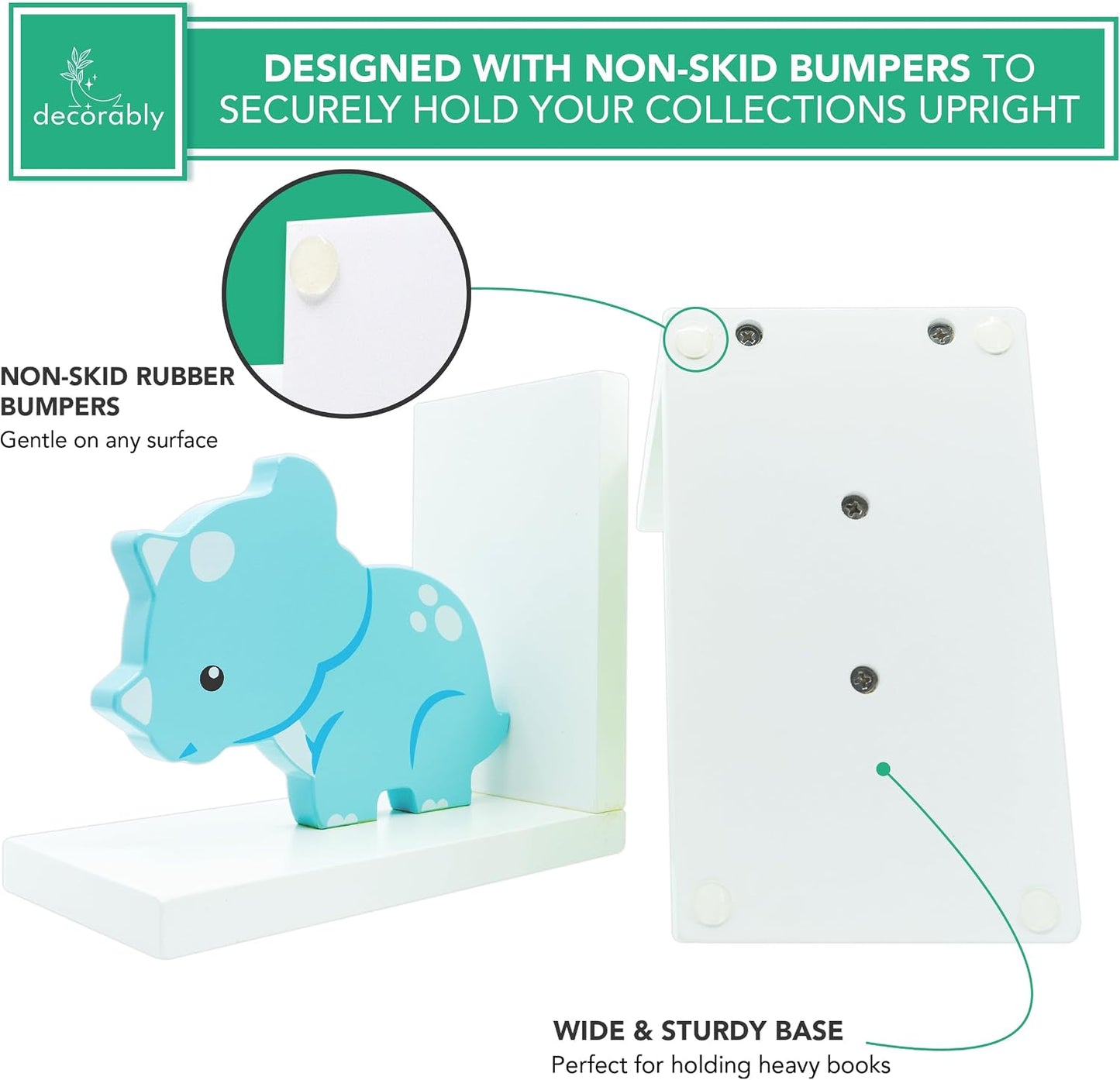 2-Piece Non-Skid Wooden Decorative Kids Bookends for Boys and Girls Room / Baby Blue & Green