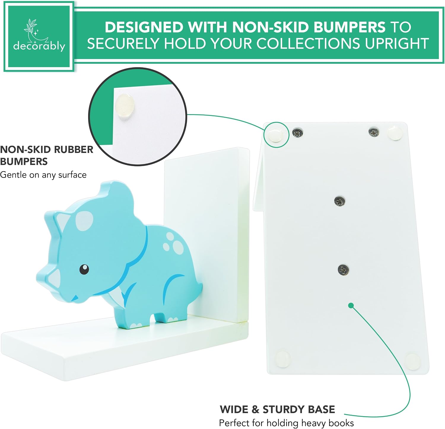 2-Piece Non-Skid Wooden Decorative Kids Bookends for Boys and Girls Room / Baby Blue & Green