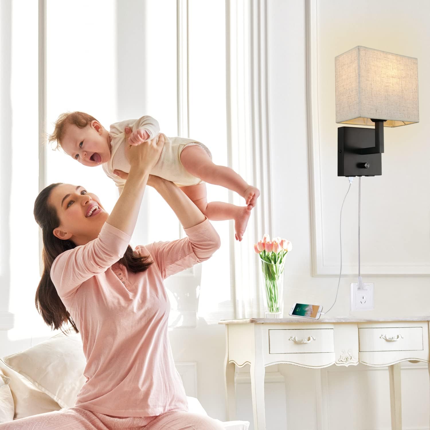 Bedside Wall Mount Light with Dimmer Switch and Two USB Charging Port, Fabric Linen Shade Wall Sconces Light with Plug