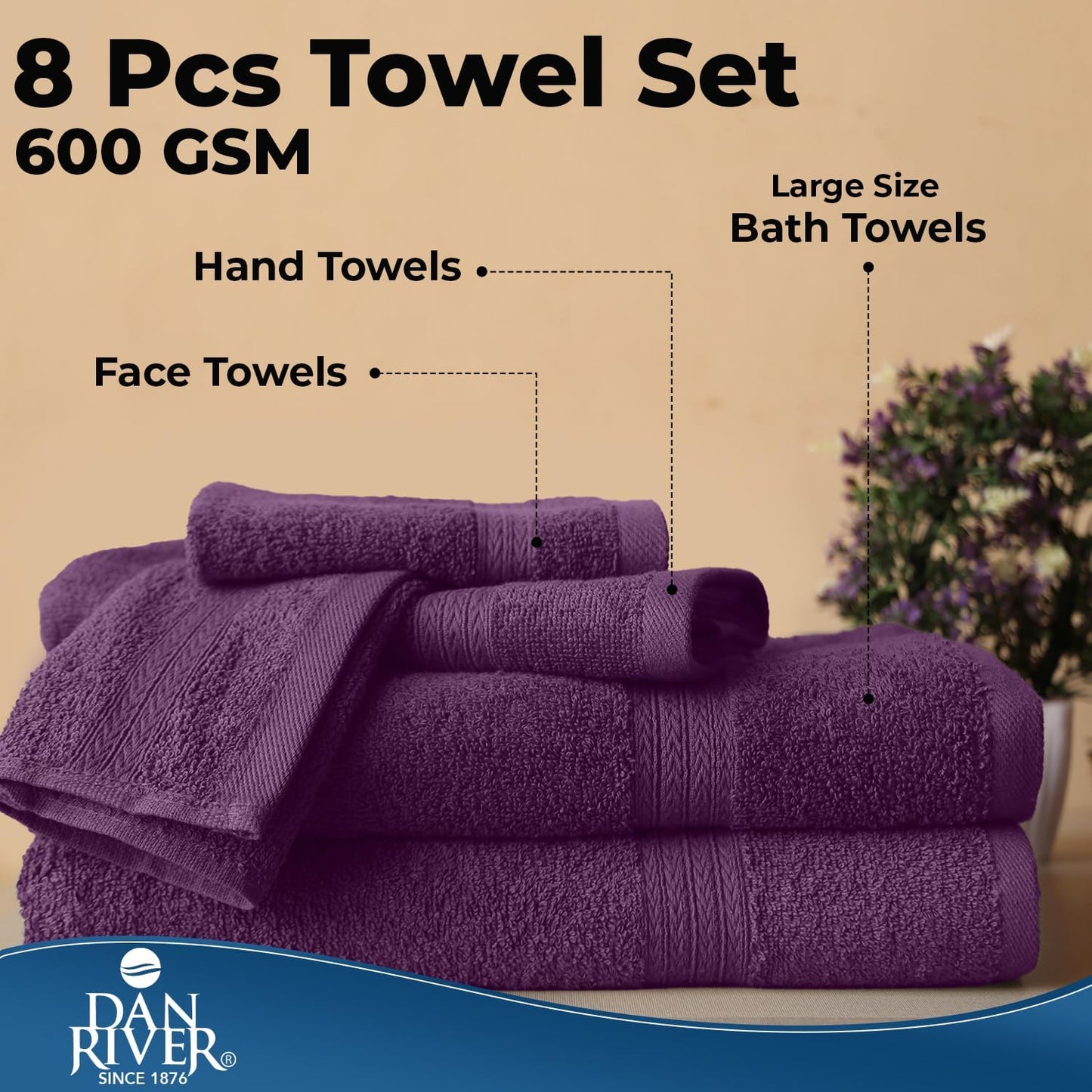DAN RIVER 8 Piece Luxury Bath Towels for Bathroom, Towel Set, Purple | 2 Bath towels, 2 Hand towels, and 4 Wash Cloths
