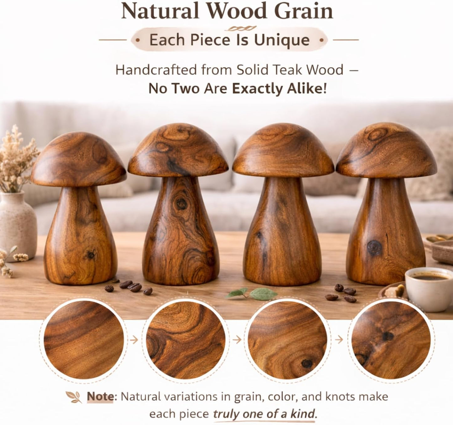 Boho Tabletop Figurine / Handmade Teak Wood Mushroom Decor Statue