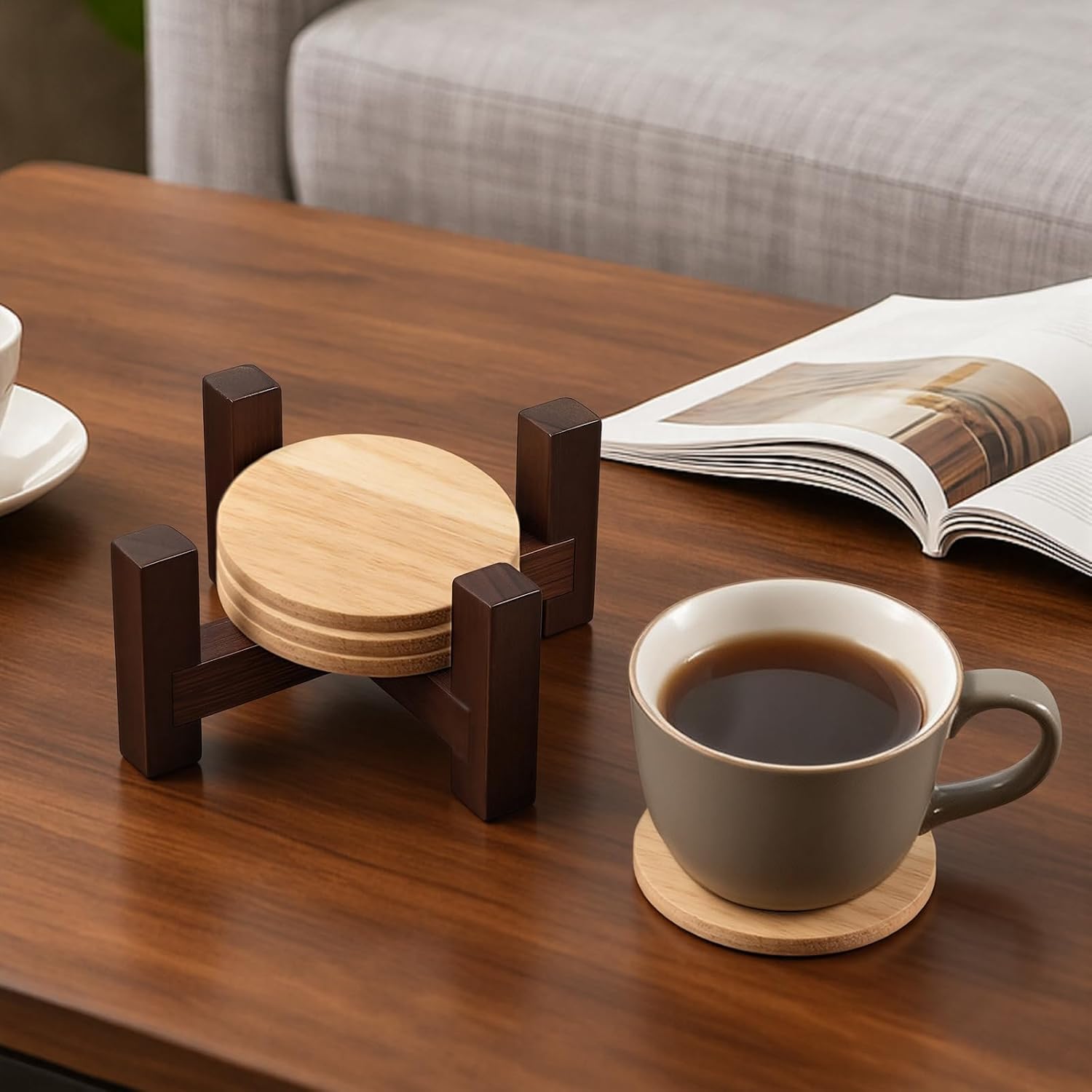 Solid Wood Coaster Holder for Round or Square 4 / Rustic Brown / 5.13 x 5.13 x 2.25 / Set of 2