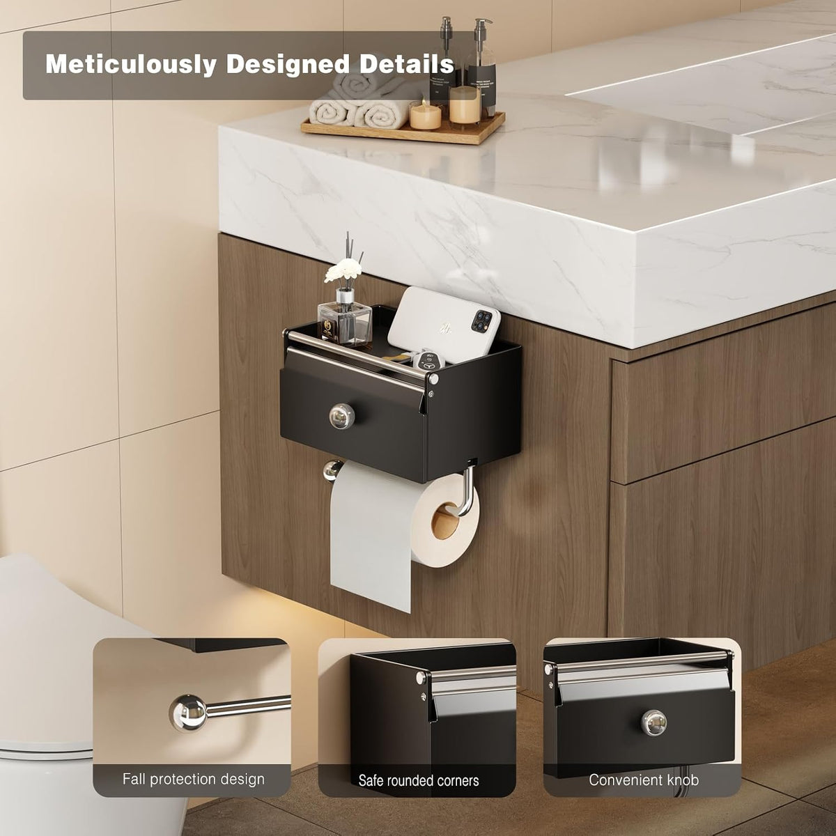 Voldra Toilet Paper Holder with Shelf, Flushable Wipes Dispenser for Bathroom, Adhesive Toilet Paper Roll Holder with
