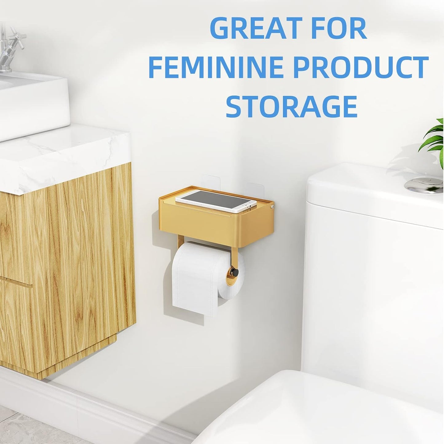 JUYSON Toilet Paper Holder, Toilet Paper Holder with Shelf, Color Gold | Wall Mount, SUS304 Stainless Steel, Flushable